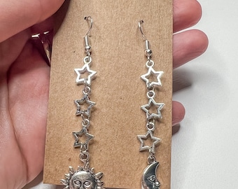Silver Celestial Drop Earrings/Sun and Moon Silver Earrings/Hippie Boho Earrings/Hippy Jewelry/Drop Star Moon Sun Earrings/Gift for Her/