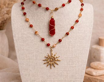 Layered Carnelian Necklace | Gold Sun Pendant, Wire Wrapped Natural Stone Boho Jewelry