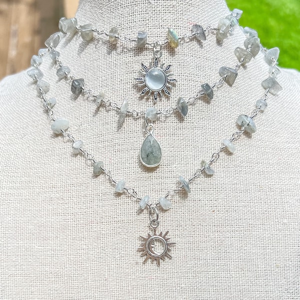 Labradorite Crystal Choker: Silver Wire Wrapped Necklace with Sun Charm