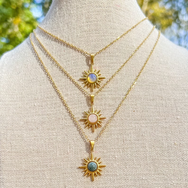 Sun Charm Gemstone Gold Chain Necklace/Opalite/Rose Quartz/Labradorite/Elegant Chain Boho Necklace/Hippie Jewelry/Celestial Necklace/Gift image 6