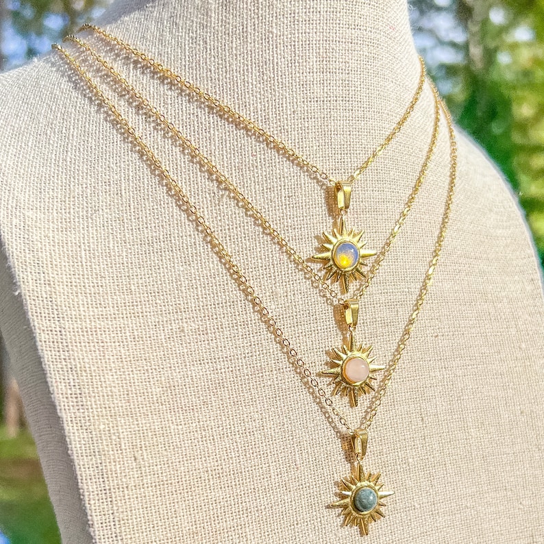 Sun Charm Gemstone Gold Chain Necklace/Opalite/Rose Quartz/Labradorite/Elegant Chain Boho Necklace/Hippie Jewelry/Celestial Necklace/Gift image 5