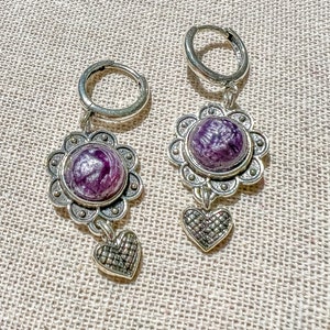 Purple Crystal Floral Charm Earrings/Hippie Flower Huggies/Crystal Hippy Jewelry/Silver Floral Huggies/Boho Jewels/Gift for Her