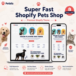 Könnte beinhalten: Eine digitale Darstellung des Petbliz Shopify-Themes mit einem Laptop und einem Smartphone, die eine Tierhandlungs-Website mit Hunde- und Katzenbildern, Pfotenabdruck-Symbolen und Texten wie Super Fast Shopify Pets Shop zeigen.