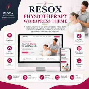 Op de afbeelding: Een digitale weergave van het Resox Physiotherapy WordPress-thema met een desktopmonitor en smartphone die een website-interface tonen met de tekst Recover, Restore, Rebuild Your Life, omringd door iconen voor functies.