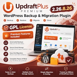May include: UpdraftPlus Premium 2.26.8.26 WordPress Backup & Migration Plugin software interface displayed on a laptop screen. Features include automated backups, secure cloud storage, and site migration. Icons show WordPress, cloud, and shield symbols.