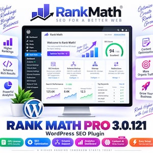 May include: A computer monitor displaying the Rank Math WordPress SEO plugin dashboard with analytics, keyword rankings, and an SEO score of 94. The screen shows various modules like Schema Markup and Redirections, with the text Rank Math Pro 3.0.121 below.