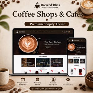May include: A laptop and a smartphone displaying a Brewed Bliss Coffee Roasters website theme. The screen shows a coffee cup graphic, navigation menus, and product categories. Below the devices are four icons labeled Design Inspired by Quality, Home Page Layout, Premium Shopify 2.0, and Easy Customization.
