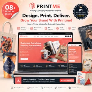 Könnte beinhalten: Eine digitale Marketing-Anzeige für das PrintMe WordPress-Theme mit Laptop und Smartphone, die eine Website-Oberfläche zeigen. Das Layout enthält Mockups für Tragetaschen, Kaffeebecher, Magazine und Boxen mit Text wie Design, Print, Deliver.
