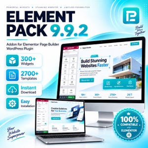May include: A digital advertisement for Element Pack 9.9.2, an addon for the Elementor Page Builder WordPress plugin. The graphic displays a desktop monitor and a laptop showing website design interfaces, alongside text listing features like 300+ widgets.
