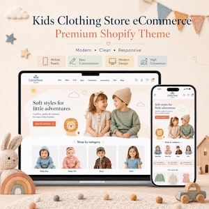 Peut inclure: Un affichage numérique d'un thème Shopify Premium pour boutique de vêtements pour enfants, présentant une mise en page de site web avec des images d'enfants, des menus de navigation et des catégories de produits. L'écran affiche la marque LittleNest Kids avec le texte Soft styles for little adventures et Shop by category.