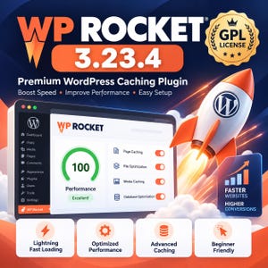 May include: A digital graphic for WP Rocket 3.23.4 premium WordPress caching plugin. It features a rocket ship, a dashboard interface showing a 100 performance score, and text including Boost Speed, Improve Performance, Easy Setup, and Faster Websites Higher Conversions.