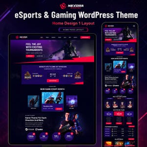 以下が含まれることがあります： eSportsおよびゲーミング向けのNexora Gaming WordPressテーマを表示するデジタルディスプレイ。紫と赤のアクセントカラーを用いたダークなインターフェースで、トーナメントスケジュール、ゲームリスト、チームプレイヤーのプロフィールがデスクトップおよびモバイルレイアウトで構成されています。