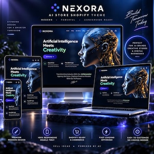 May include: A digital display of the Nexora Shopify theme featuring a desktop monitor, a tablet, and a smartphone. The screens show a website interface with the text Artificial Intelligence Meets Creativity and a robotic human head graphic.