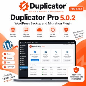 May include: A digital graphic for Duplicator Pro 5.0.2 WordPress backup and migration plugin. The image displays a laptop screen showing the software dashboard, surrounded by orange icons, text features, and the WordPress logo on a white background.