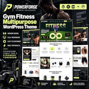 May include: A digital display of the Powerforge Fitness Multipurpose WordPress Theme, showcasing website layouts with fitness imagery, gym equipment, and product listings. The design features a black and yellow colour scheme with text overlays.