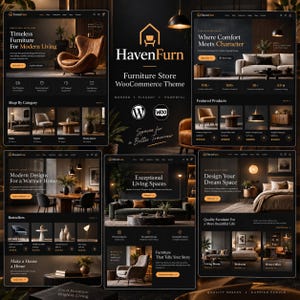 Puede incluir: Una visualización digital del tema de WooCommerce para la tienda de muebles HavenFurn, que presenta múltiples maquetas de diseño de sitios web con esquemas de color oscuros, imágenes de muebles, menús y encabezados como Timeless Furniture.