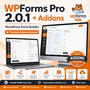 May include: A digital graphic for WPForms Pro 2.0.1 featuring a laptop and desktop monitor displaying a WordPress form builder interface. The image includes text, a bear mascot, and orange icons representing payment forms, conditional logic, and AI.