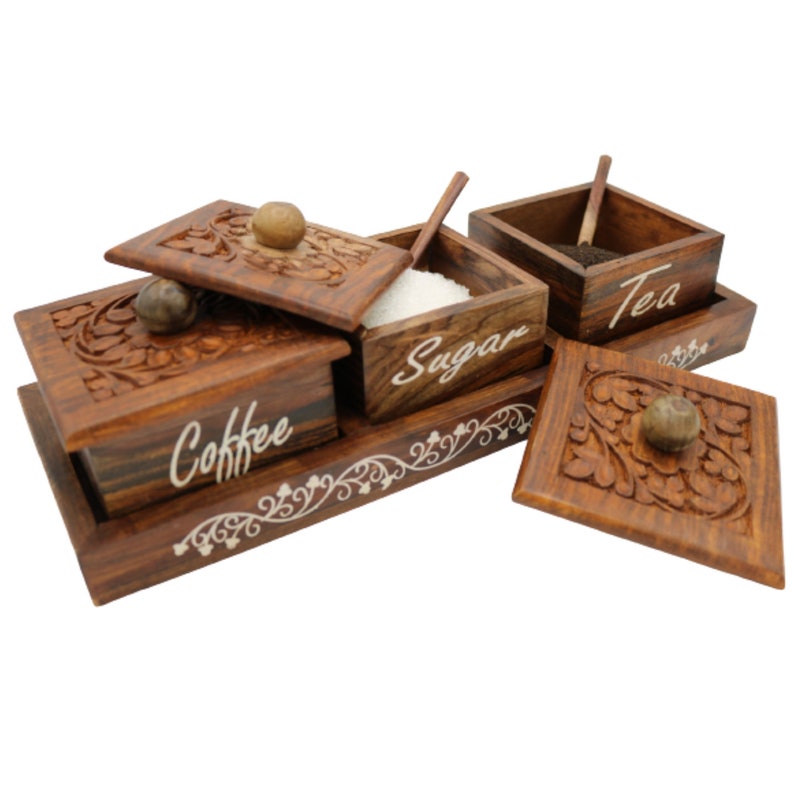 Dark Wood Kitchen Canister Sets for Tea Coffee Sugar