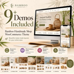 Könnte beinhalten: Ein Computermonitor und ein Smartphone zeigen ein WooCommerce-Theme für einen Bambus-Handwerksladen. Der Bildschirm zeigt Bambus-Dekor, den Text 9+ Demos Included sowie Symbole für responsives Design, WooCommerce, Elementor und Demo-Import.