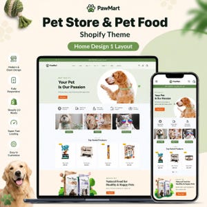 Könnte beinhalten: Eine digitale Darstellung des PawMart Shopify-Themes für eine Tierhandlungs-Website, gezeigt auf einem Laptop und Smartphone. Das Layout umfasst einen Header-Bereich mit einem Hund, Produktkategorien, Top-Produkte und Tierfutter-Branding.