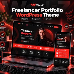 Puede incluir: Un portátil y un smartphone que muestran el tema de WordPress WorkZ Freelancer Portfolio. La pantalla presenta una interfaz oscura con detalles en rojo, incluyendo el texto I'm Thomas Kepert, Freelance Designer & Developer y Build Your Brand.