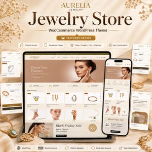 Puede incluir: Una visualización digital del tema de WordPress WooCommerce Aurelia Jewelry Store, que muestra una computadora portátil y un teléfono inteligente con una interfaz de sitio web con listados de joyas, menús de navegación y banners promocionales.