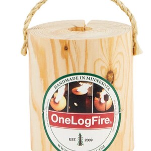 May include: A round, wooden fire starter log with a rope handle. The log has a label that says "OneLogFire" and "Handmade in Minnesota".