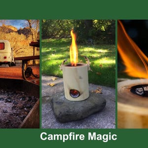 May include: Three images showing a wooden fire starter with flames burning. The fire starter is made of a natural wood log with a hole in the centre. The flames are orange and yellow. The text "Campfire Magic" is at the bottom of the image.
