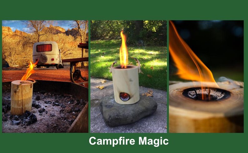 May include: Three images showing a wooden fire starter with flames burning. The fire starter is made of a natural wood log with a hole in the centre. The flames are orange and yellow. The text "Campfire Magic" is at the bottom of the image.