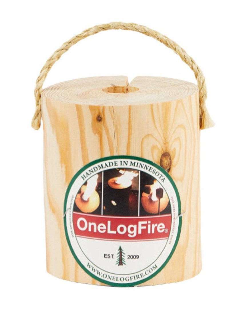 May include: A round, wooden fire starter log with a rope handle. The log has a label that says "OneLogFire" and "Handmade in Minnesota".