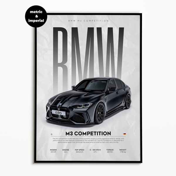 BMW M3 Competition Poster | Digital Download | Hyper Car Poster | Super Car Print | Art Print | Poster | Home Decor | Wall Decor