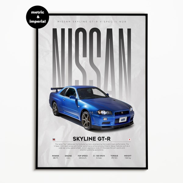 Nissan Skyline GT-R R34 Poster | Car Poster | Digital Download | Hyper Car Poster | Art Print | Poster | Home Decor | Wall Decor