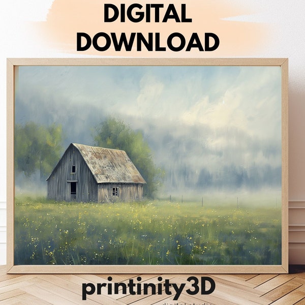 Rustic Barn Landscape Wall Art - Vintage Home Oil Painting Decor, Large Canvas Print for Country House Gift, Printinity3D Digital Print 235