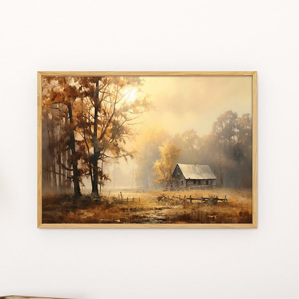 Herbst Landschaft Öl Kunst, rustikale Scheune Öldruck, ländliche Ansicht Ölgemälde, Wandkunst für die Landschaft, herunterladbare digitale Kunstdruck