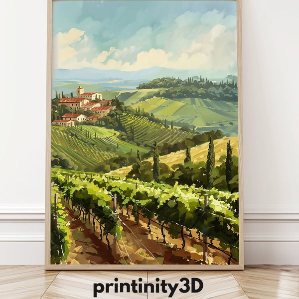 Tuscany Wine Fields Oil Art Print, Toscana Region Oil Painting, Italy Country Printable Wall Art, Tuscany Panorama Gift, Digital Print 289
