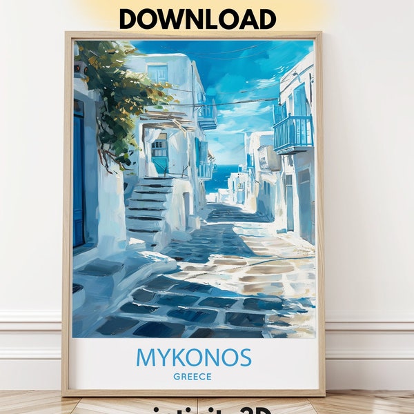 Mykonos Streets Oil Art Print, Aegean Sea Oil Painting, Customizable Wall Art of Greece, Cyclades Islands Travel Gift, Digital Print 248