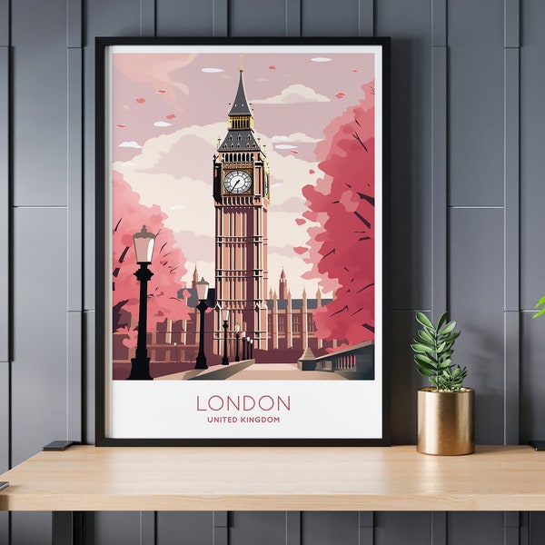 London Big Ben Tower Print, United Kingdom Poster, Digital Download, Pastel Colors Wall Print, Personalized Text, Custom Birthday Gift Idea