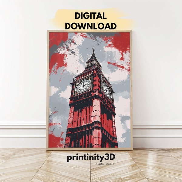 Big Ben Tower Printable, London United Kingdom Decor, Pastel Colors Wall Art, Travel UK Poster, Visit Great Britain Print, Printinity3D 207