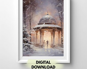 Snowy Gazebo Oil Print, Vintage Winter Landscape Oil Painting, Seasonal Wall Art for Couples in Love, Dancers Painting Gift, Instant Print