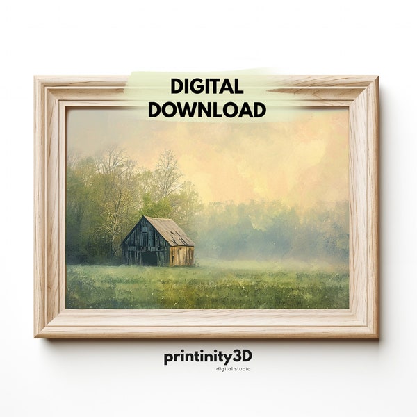 Rustic Barn Wall Art, Vintage Farmhouse Oil Painting, Spring Landscape Printable, Misty Morning Canvas, Digital Download, Instant Print 150