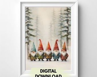 Gnomes Oil Art Print, Vintage Christmas Elfs Art Print, Santa Claus' Helpers Rustic Home Decor, Snowy Forest Wall Print, Instant Download