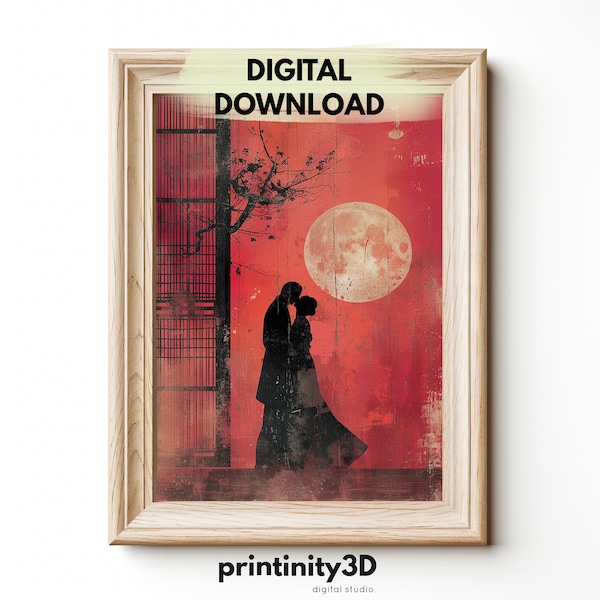 Valentine's Japandi Wall Art Print - Romantic Kiss Under the Full Moon, Scandic Gift for Her, Printinity3D Digital Download 159