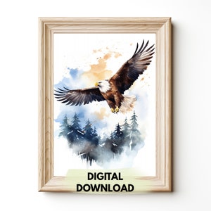 Impresión de acuarela de águila calva, decoración de pared con símbolo estadounidense, pintura con vista a un bosque nevado, imprimible vintage para amantes de las aves, descarga instantánea