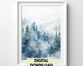 Rustic Forest Art Print, Vintage Pine Trees Landscape, Snowy Forest Wall Decoration, Forest Home Oil Painting, Instant Digital Download