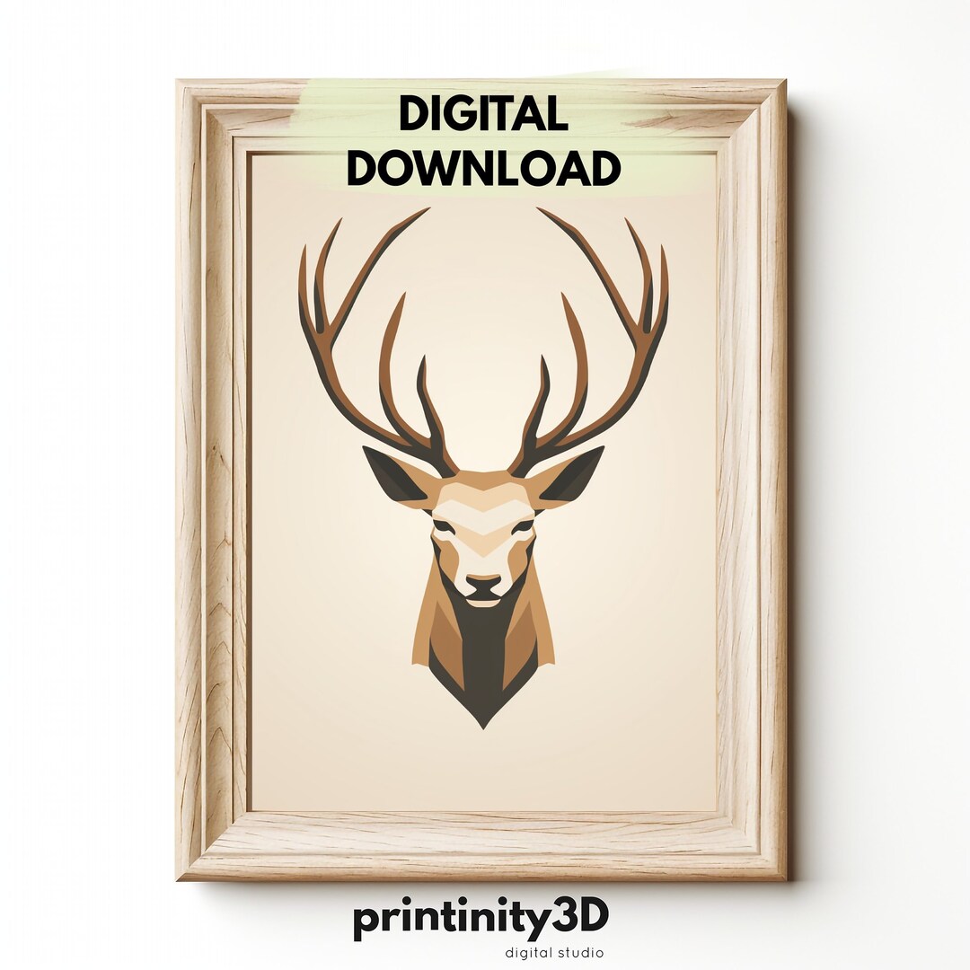 Deer Head Printable Decoration, Minimal Reindeer Abstract Portrait Print, Red Stag Countryside ...