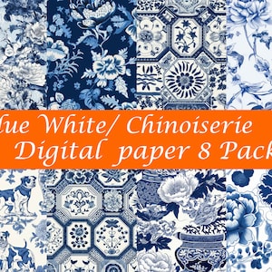 blauw en wit chinoiserie DIY digitaal papier 8 pack naadloze patronen