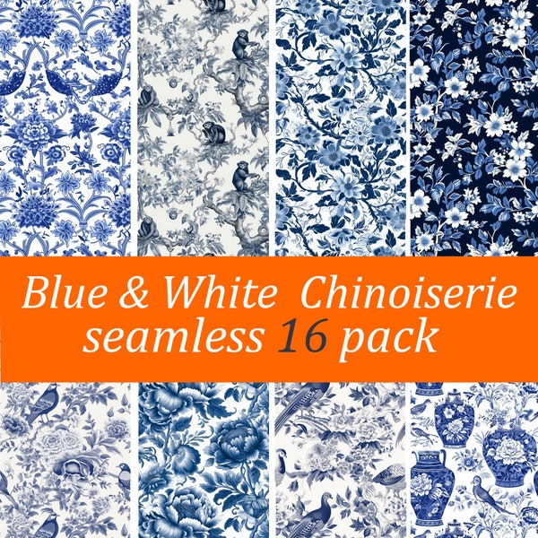 16 BLUE AND WHITE chinoiserie diy seamless digital paper pack