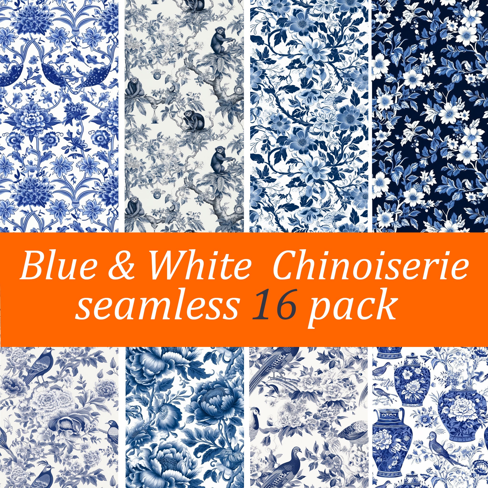 16 BLUE AND WHITE Chinoiserie Diy Seamless Digital Paper Pack Etsy