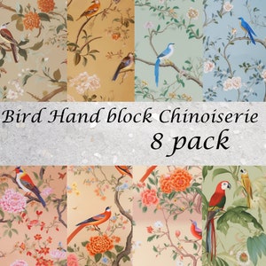 Vintage Franse Vogel Handblok "de gournay" Chinoiserie. DIY Naadloos patroon Digitaal papier 8 stuks