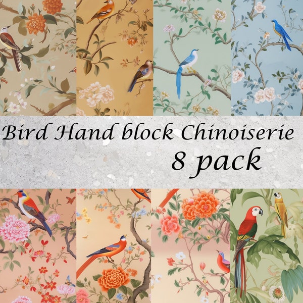 Vintage French Bird Handblock  "de gournay" Chinoiserie. DIY Seamless pattern Digital paper 8 pack